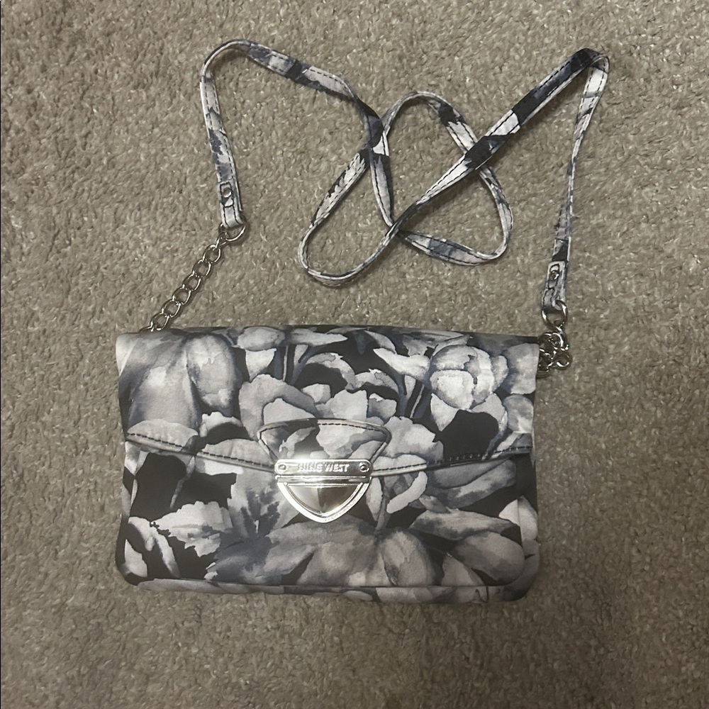 Nine West Black & White Floral Crossbody with Silver Hardware